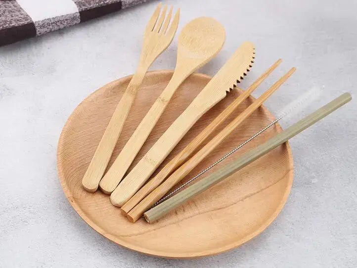 Portable Bamboo Cutlery Set with Canvas Carry Pouch Sustow
