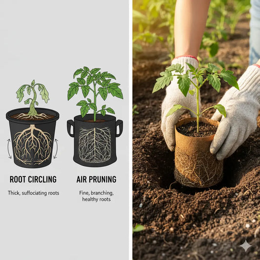  A gardening education graphic: the left panel compares root circling in a plastic pot to healthy air pruning in a fabric grow bag; the right panel shows a gardener transplanting a biodegradable bag into the soil.
