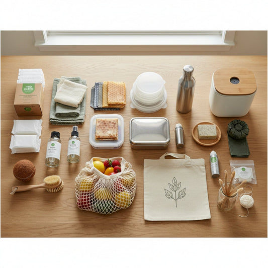 A top-down flat lay of sustainable household swaps, including laundry strips, beeswax wraps, a stainless steel water bottle, a bamboo compost bin, and a cotton mesh produce bag on a wooden surface.