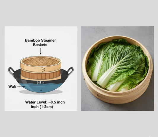 A two-panel educational graphic: the left shows a diagram of a bamboo steamer in a wok with a 0.5-inch water level; the right shows a steamer basket lined with fresh napa cabbage leaves for non-stick cooking.