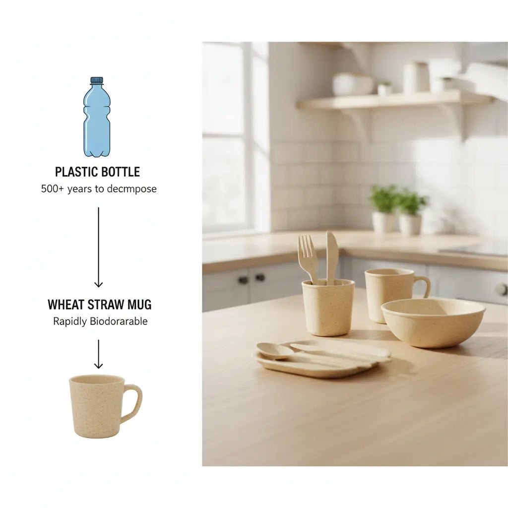A sustainability infographic comparing a plastic bottle's 500-year decomposition to a biodegradable wheat straw mug, alongside a lifestyle photo of modern wheat straw kitchenware. 