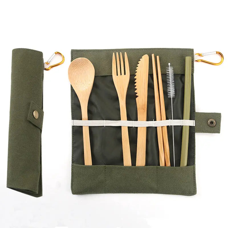 Portable Bamboo Cutlery Set with Canvas Carry Pouch Sustow