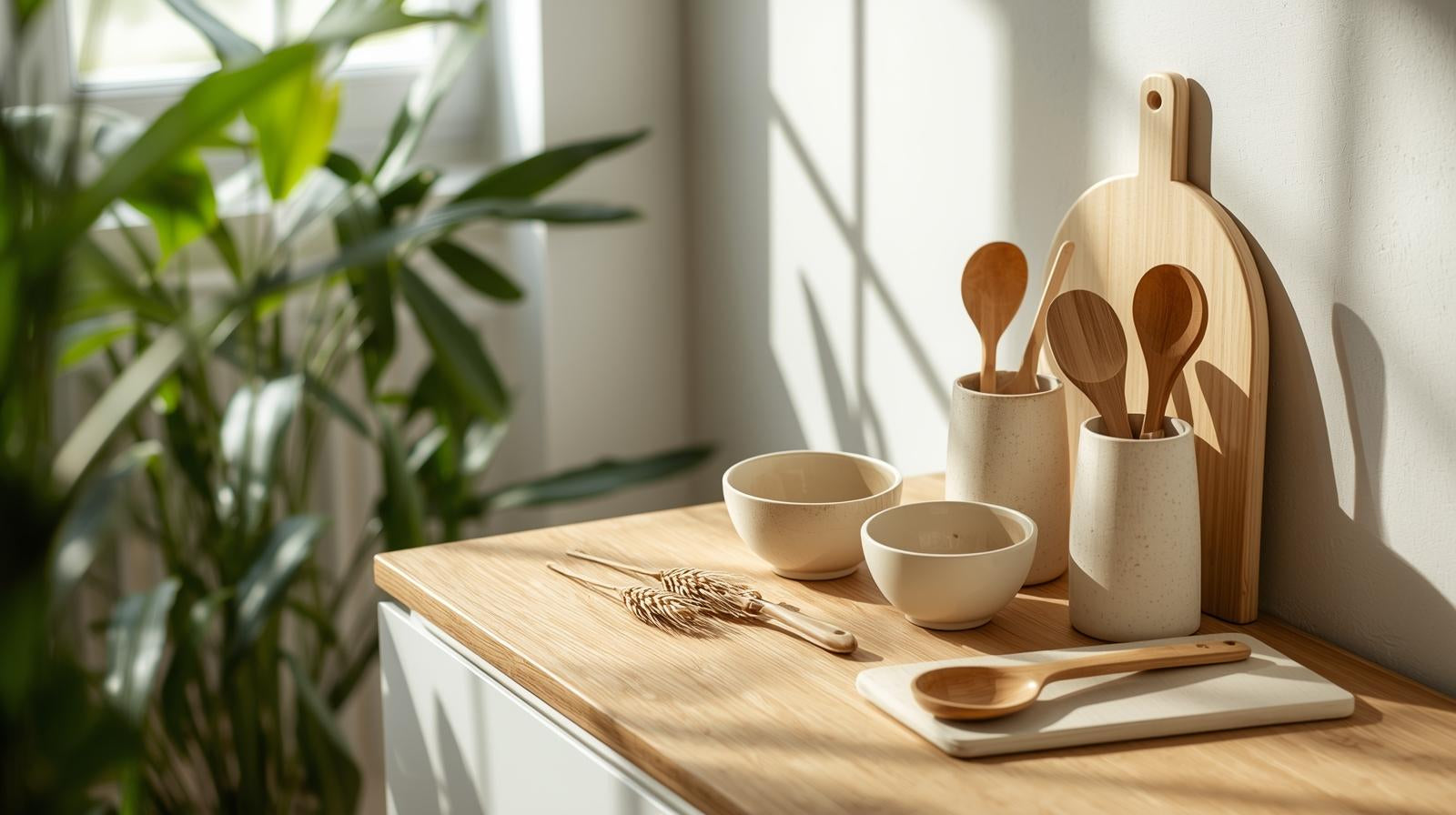 Wooden cutting board, bowls, and spoons on a wooden surface with a plant in the background